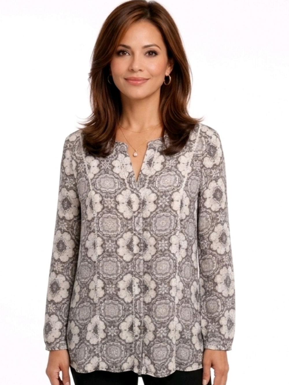 Daniel Rainn Toupe Patterned Split Neck Button Down 3/4 Sleeve Blouse Size S